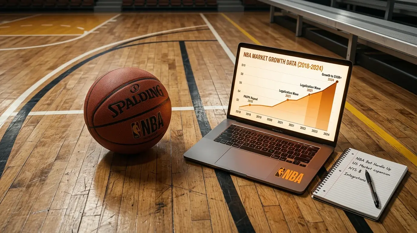 Basketball resting on a hardwood court beside a laptop showing sports betting market growth trends and global revenue figures