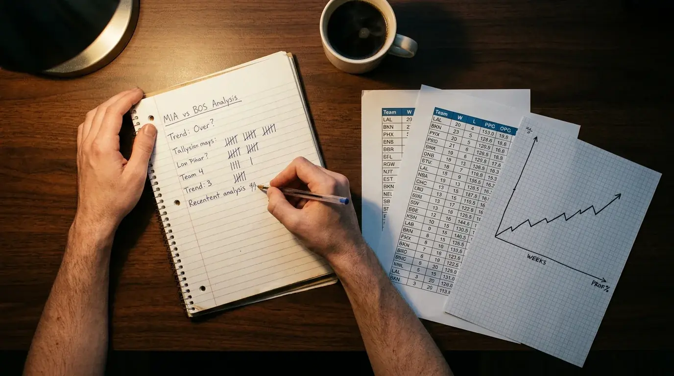 Person sitting at a desk with a notebook and pen, reviewing printed NBA team statistics and a simple line chart tracking betting performance over a season