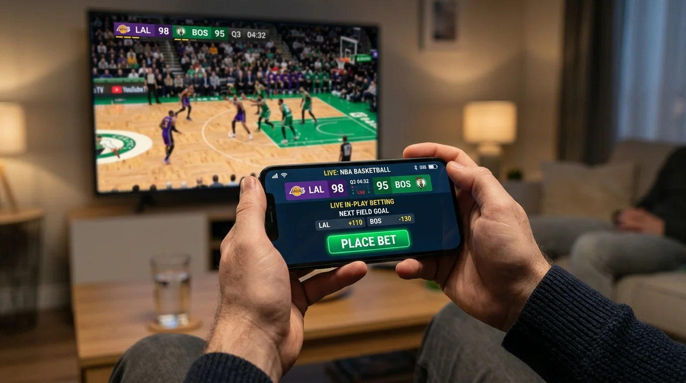 Hands holding a smartphone with a sportsbook app open during a live NBA game, a large television screen showing basketball action visible in the background