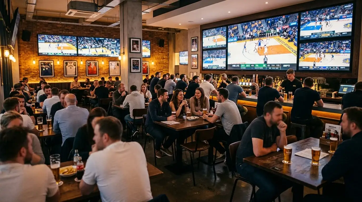 Wide shot of a modern sports bar with multiple screens showing different NBA games, patrons watching intently from tables and bar stools