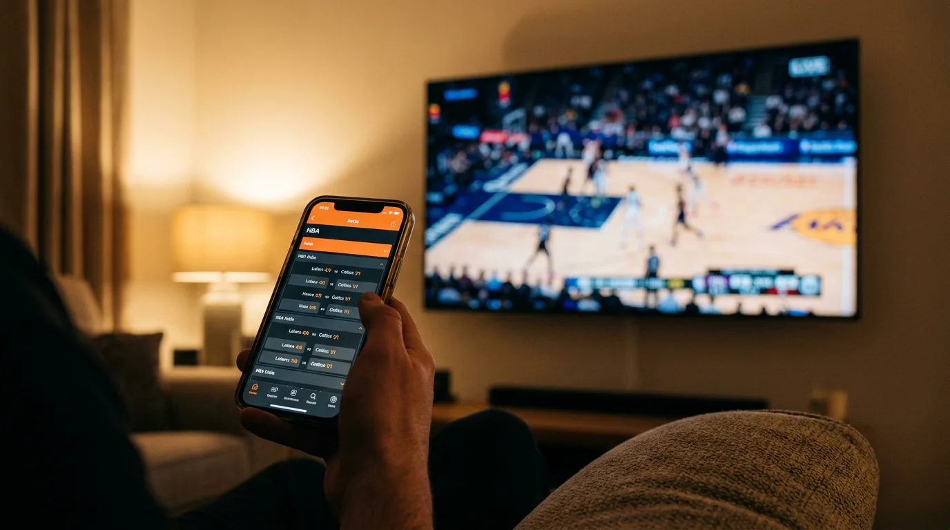 Close-up of a smartphone displaying an NBA game odds board in a dimly lit living room with a television showing a basketball match in the background